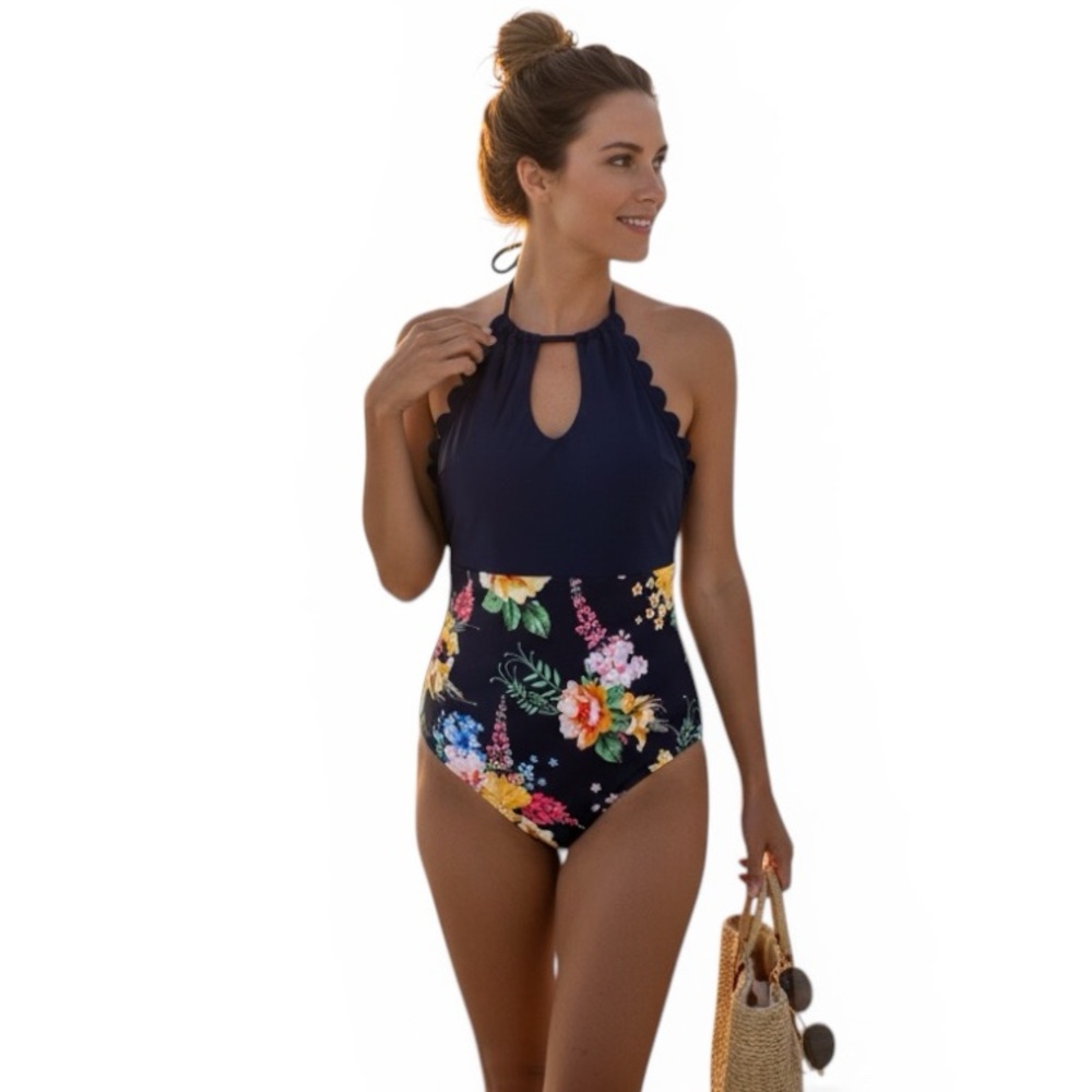 Cupshe Blue Floral One Piece Swimsuit Scalloped Keyhole Small Tummy Control